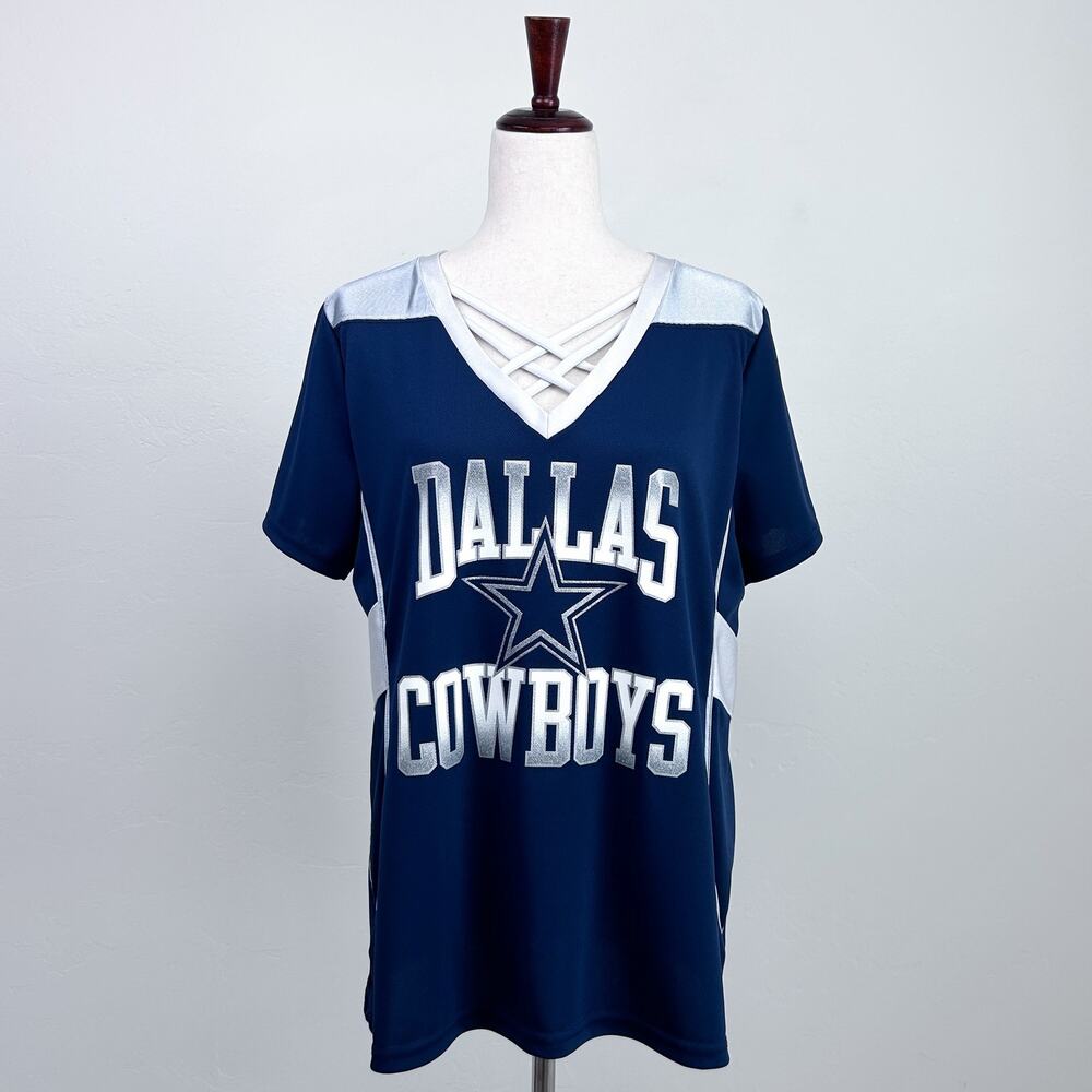 Dallas Cowboys Football Sparkly Silver Navy V-Neck Jersey Short Sleeve Top LARGE